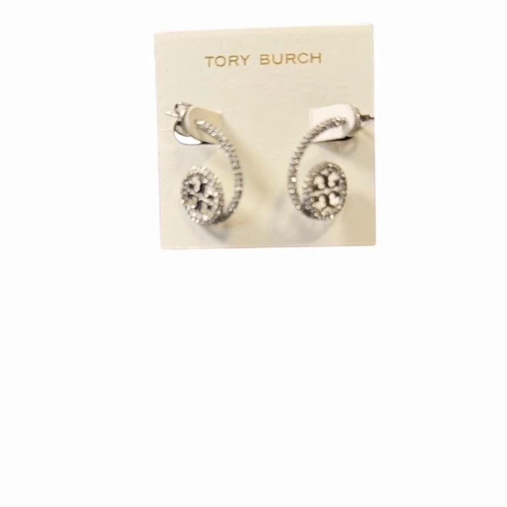 Tory Burch Miller Pavé Loop Drop Earrings Silver Clear Crystal Double T